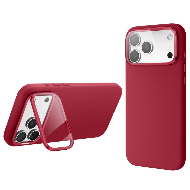 For iPhone 17 Pro Liquid Silicone Magnetic Shockproof Phone Case with Lens Cover Kickstand(Red)