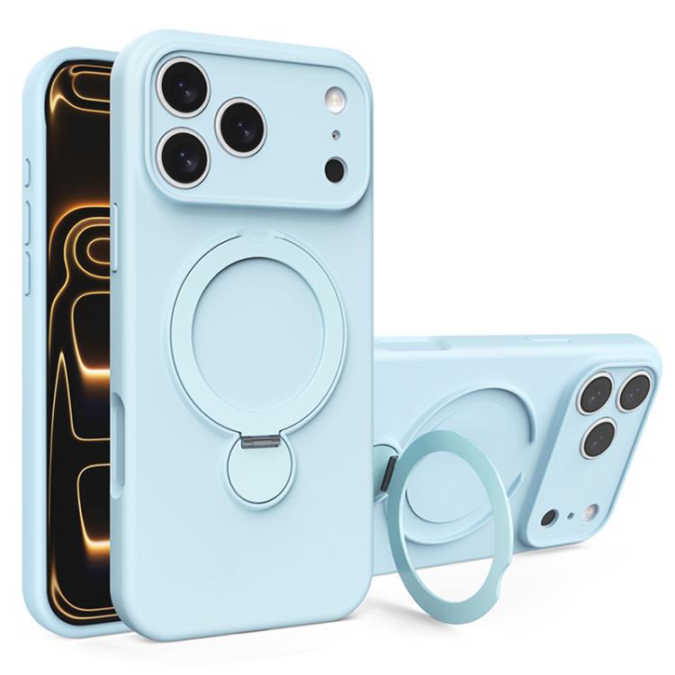For iPhone 17 Pro Liquid Silicone MagSafe Holder Phone Case(Light Blue)