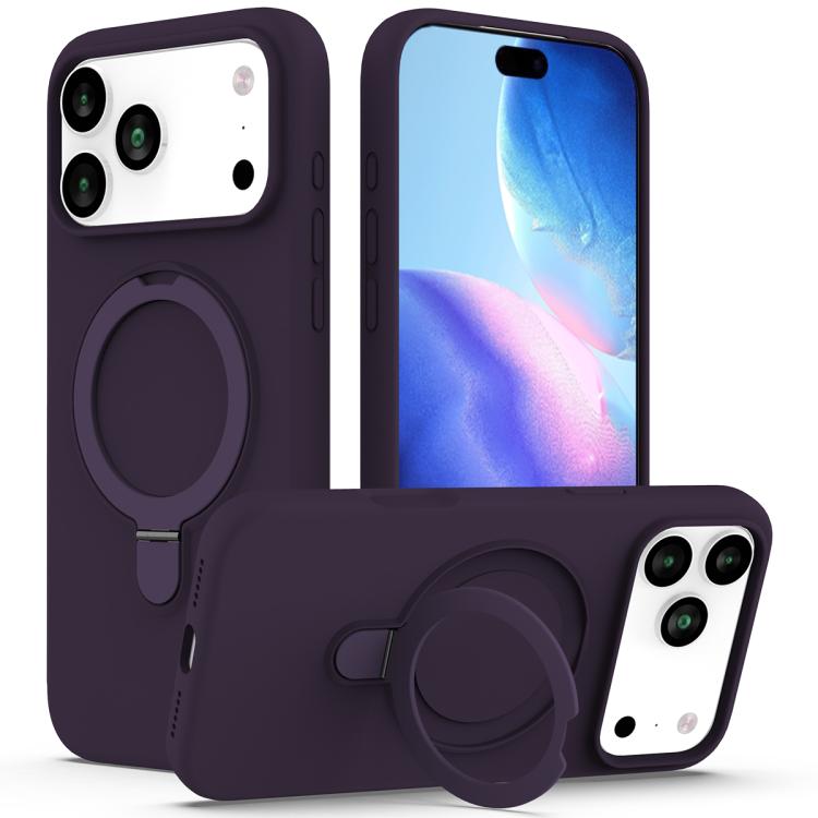 For iPhone 17 Pro Liquid Silicone MagSafe Magnetic Phone Case with Ring Holder(Purple)