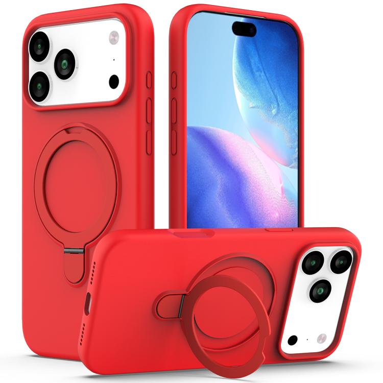For iPhone 17 Pro Liquid Silicone MagSafe Magnetic Phone Case with Ring Holder(Red)