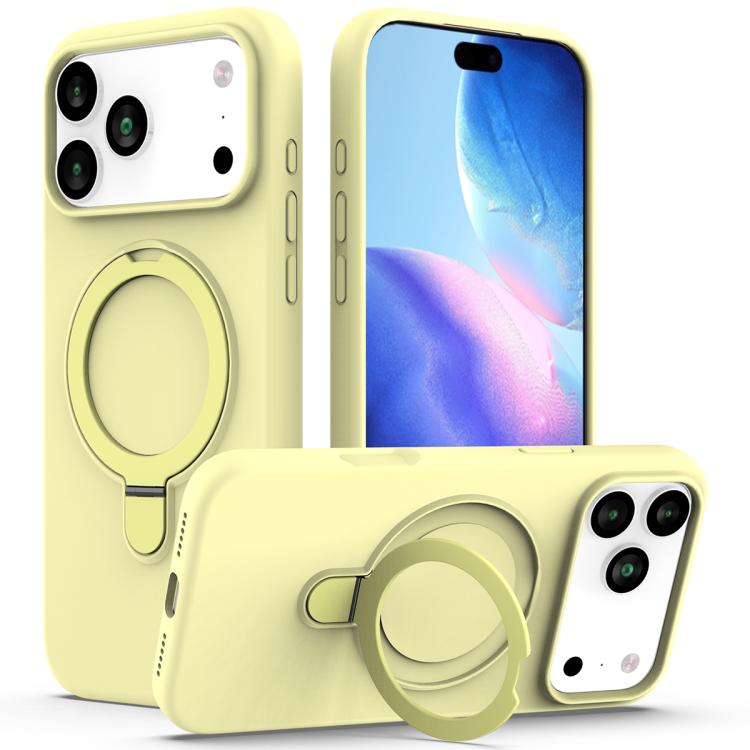 For iPhone 17 Pro Liquid Silicone MagSafe Magnetic Phone Case with Ring Holder(Yellow)