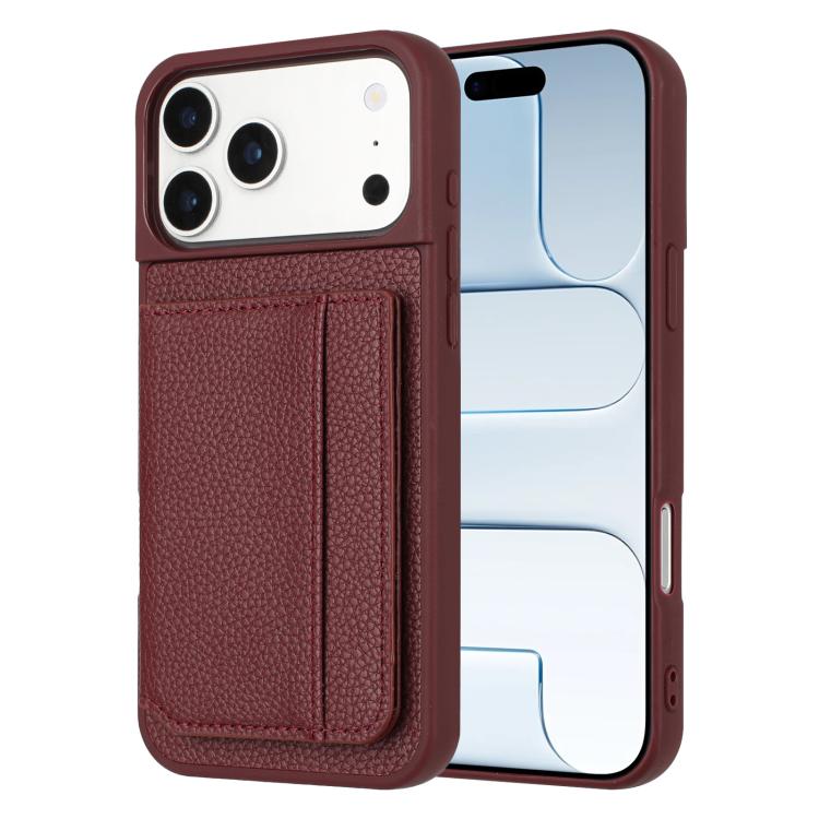 For iPhone 17 Pro Litchi Pattern Magnetic Card Bag Holder Phone Case(Wine Red)