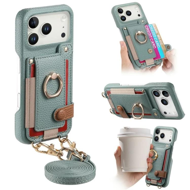 For iPhone 17 Pro Litchi Texture Card Bag Ring Holder Vegan Leather + PC Phone Case with Shoulder Strap(Blue)