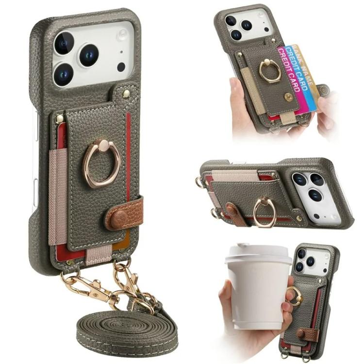 For iPhone 17 Pro Litchi Texture Card Bag Ring Holder Vegan Leather + PC Phone Case with Shoulder Strap(Gray)
