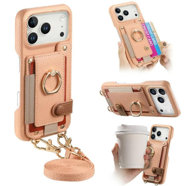 For iPhone 17 Pro Litchi Texture Card Bag Ring Holder Vegan Leather + PC Phone Case with Shoulder Strap(Pink)