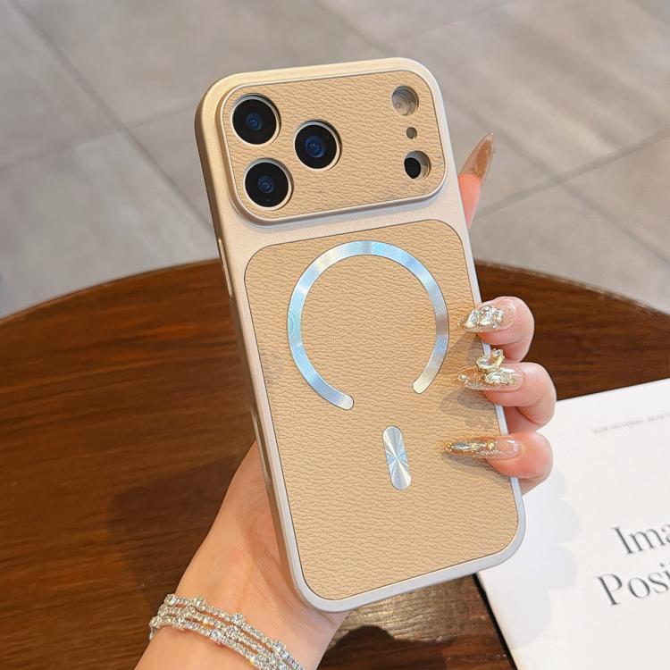 For iPhone 17 Pro Litchi Texture Vegan Leather Magnetic Phone Case(Khaki)