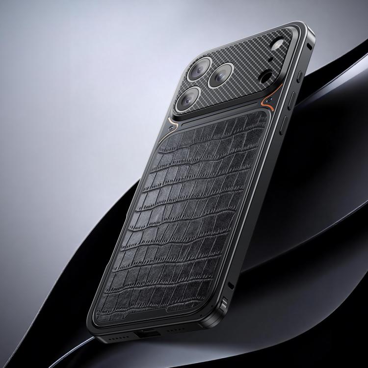 For iPhone 17 Pro Luxury Leather-Texture Magnetic Metal Phone Case with Spring Buckle(Black)