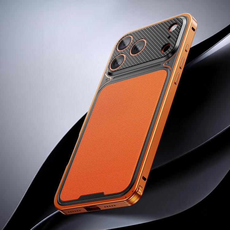 For iPhone 17 Pro Luxury Leather-Texture Magnetic Metal Phone Case with Spring Buckle(Black Orange)