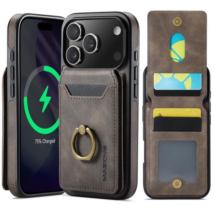 For iPhone 17 Pro MAGKING K1 MagSafe Detachable Wallet RFID Back Cover Phone Case(Coffee)
