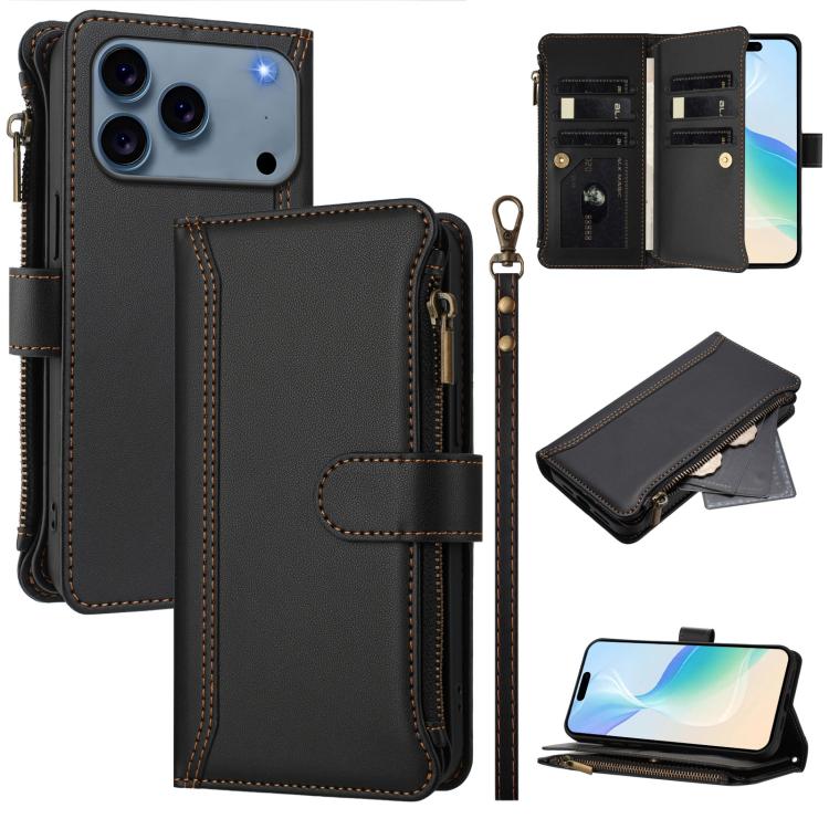 For iPhone 17 Pro Magnetic Closure 9 Card Slots Zipper Leather Case with Hand Strap(Black)