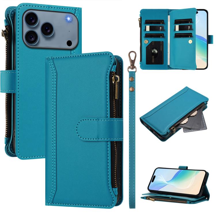 For iPhone 17 Pro Magnetic Closure 9 Card Slots Zipper Leather Case with Hand Strap(Turquoise)