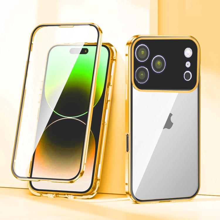 For iPhone 17 Pro Magnetic Double-buckle HD Tempered Glass Phone Case(Orange)