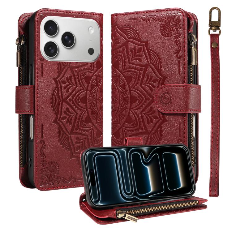 For iPhone 17 Pro Mandala Embossed 9-Card Zipper RFID Vegan Leather Phone Case with Short Lanyard(Wine Red)