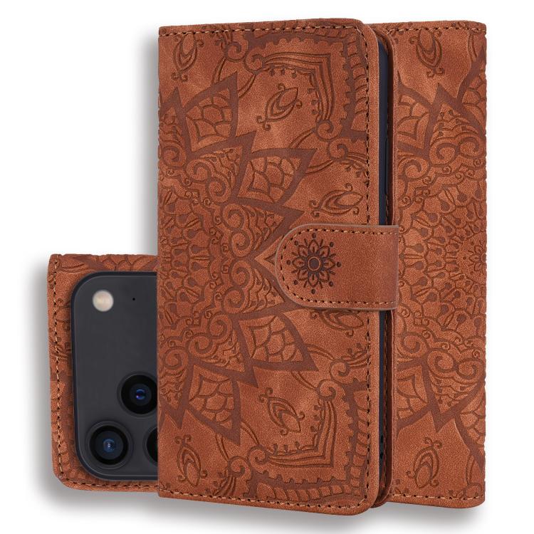 For iPhone 17 Pro Mandala Embossed Dual-Fold Calf Leather Phone Case(Brown)