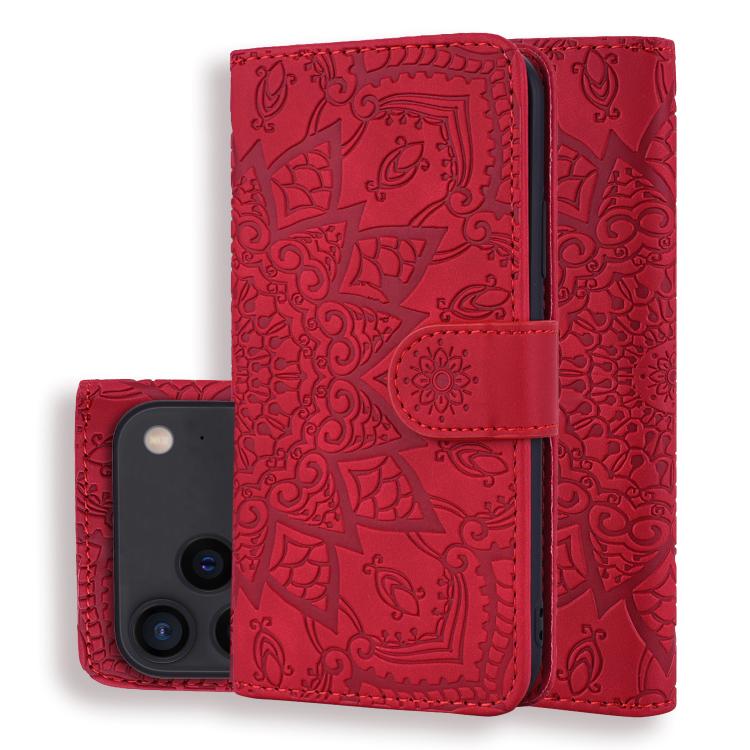 For iPhone 17 Pro Mandala Embossed Dual-Fold Calf Leather Phone Case(Red)