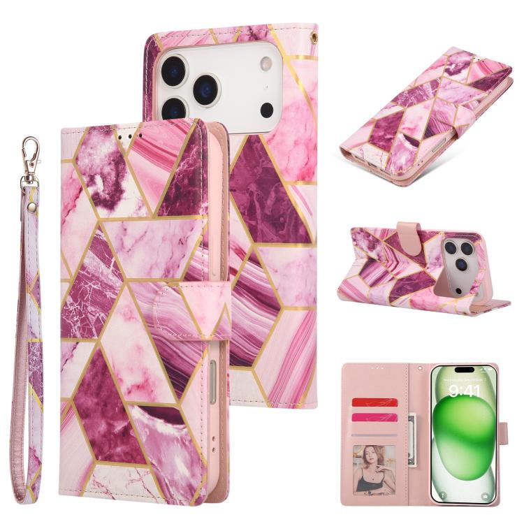 For iPhone 17 Pro Marble Bronzing Stitching Leather Phone Case(Purple)
