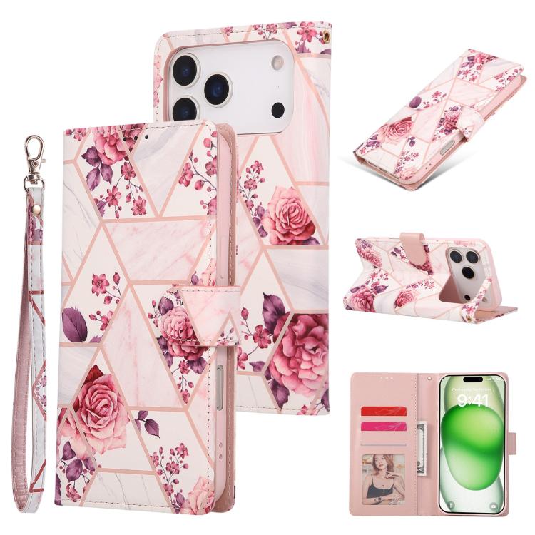 For iPhone 17 Pro Marble Bronzing Stitching Leather Phone Case(Rose Gold)