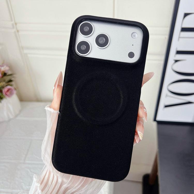 For iPhone 17 Pro Matte Velvet Finish PC + Vegan Leather Magnetic Phone Case(Black)