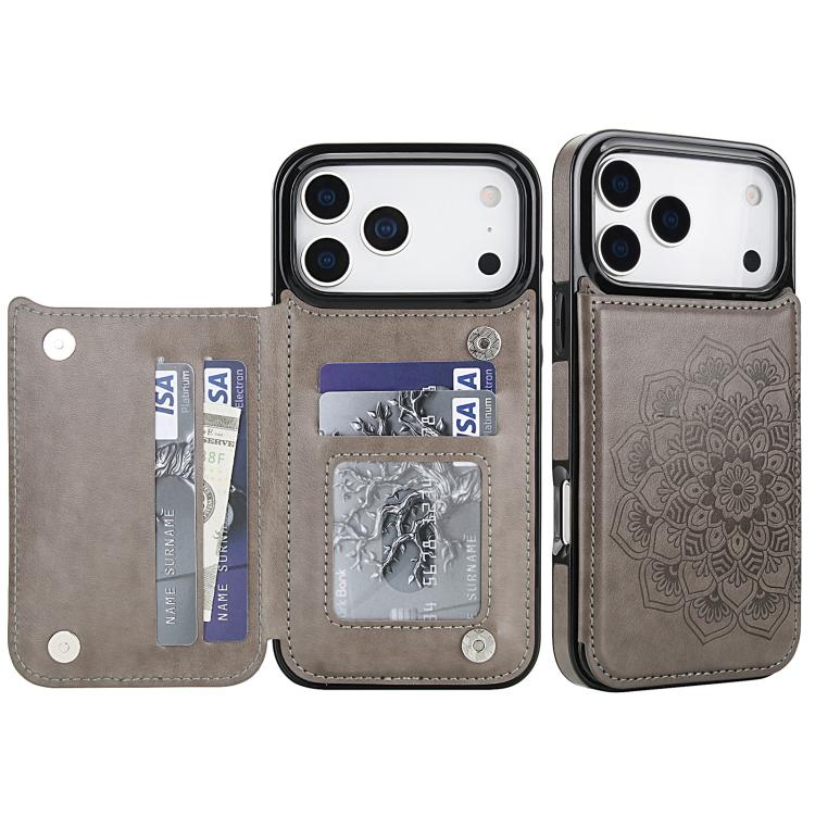 For iPhone 17 Pro Max Double Buckle Mandala Leather Wallet Back Cover Phone Case(Grey)