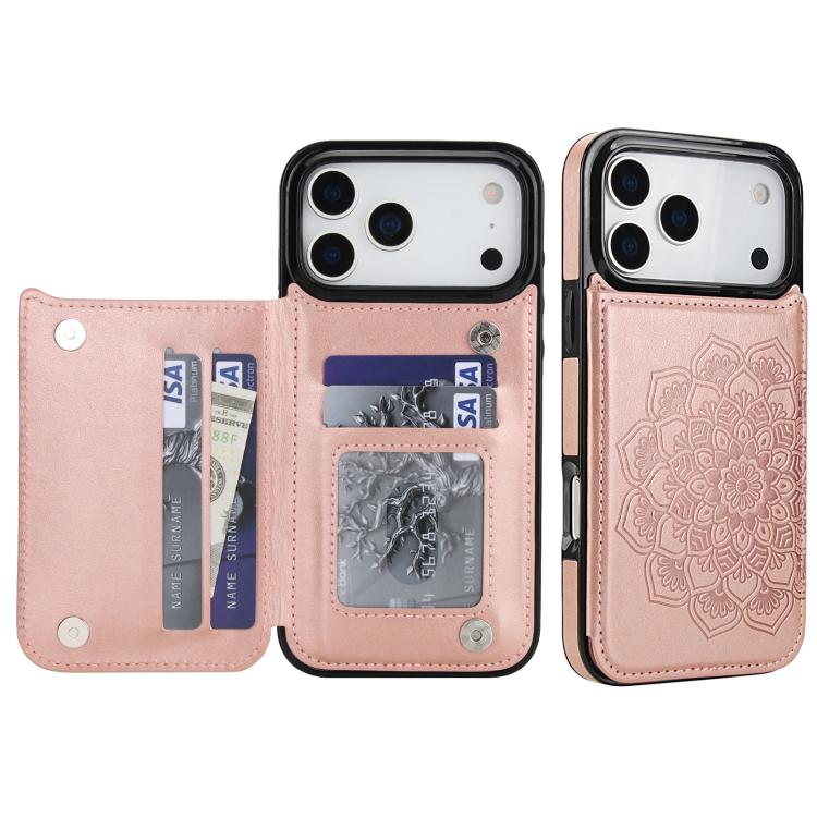 For iPhone 17 Pro Max Double Buckle Mandala Leather Wallet Back Cover Phone Case(Rose Gold)