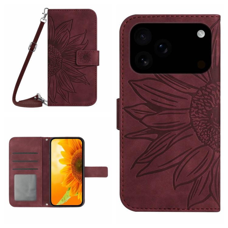 For iPhone 17 Pro Max Skin Feel Sun Flower Embossed Flip Leather Phone Case with Lanyard(Wine Red)