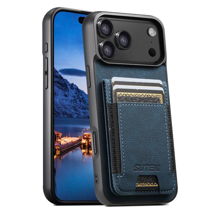 For iPhone 17 Pro Max Suteni H03 Litchi Leather Card Bag Stand Back Phone Case(Blue)