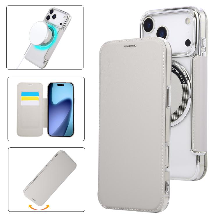 For iPhone 17 Pro Max Ultra-thin Magnetic Plating Vegan Leather Phone Case(Grayish White)