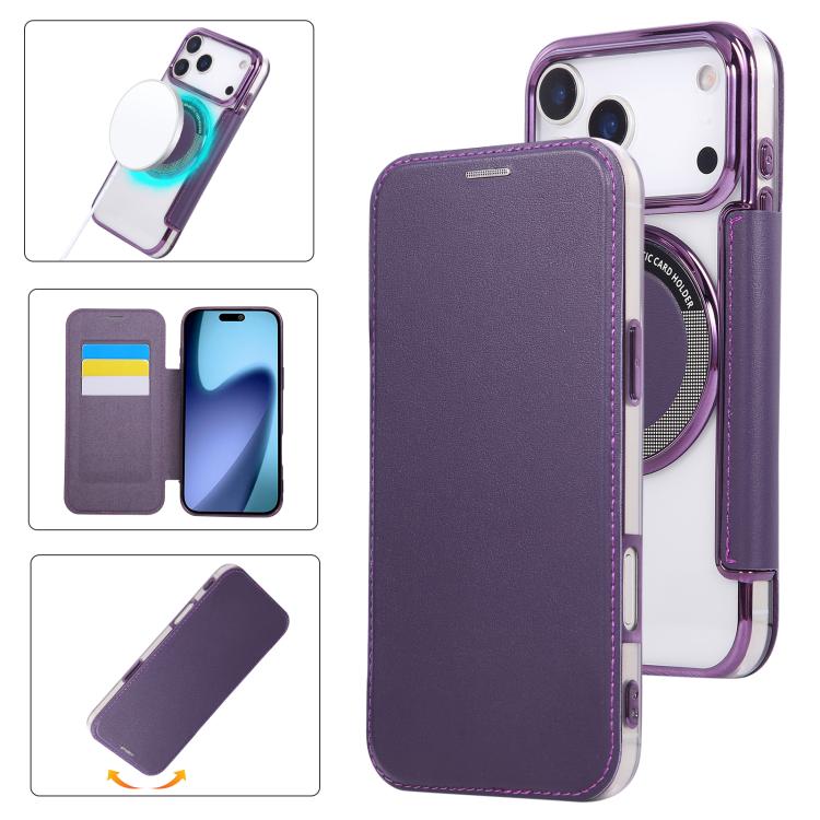 For iPhone 17 Pro Max Ultra-thin Magnetic Plating Vegan Leather Phone Case(Purple)