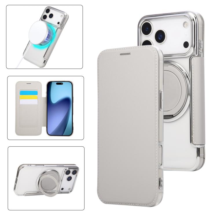 For iPhone 17 Pro Max Ultra-thin Rotation Holder Magnetic Plating Vegan Leather Phone Case(Grayish White)