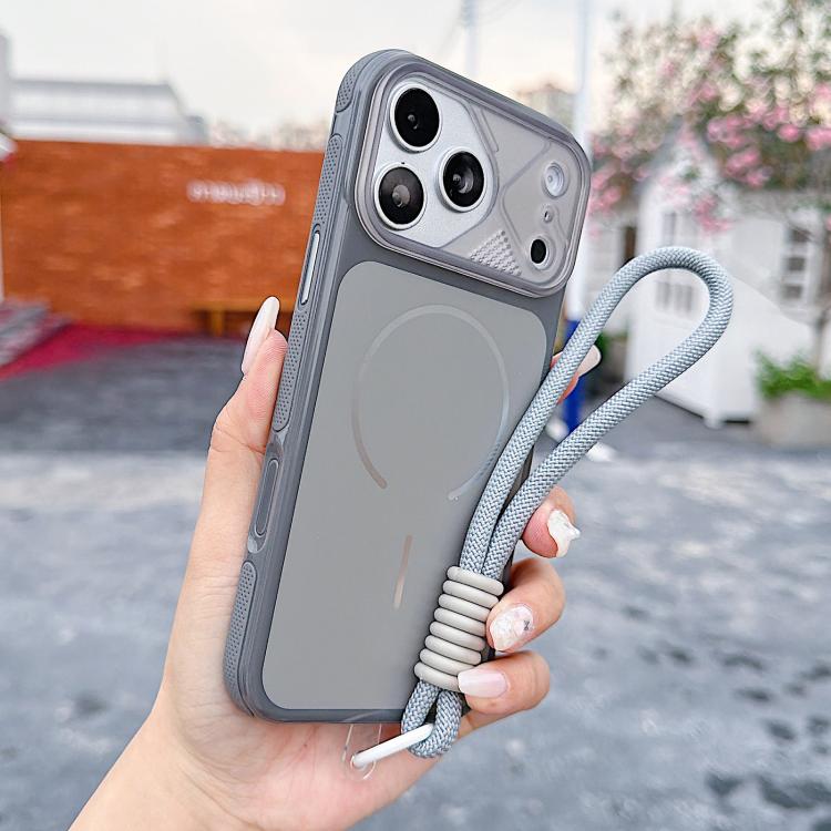 For iPhone 17 Pro Mecha Style Change to 17 Magnetic Phone Case with Wrist Strap(Grey)