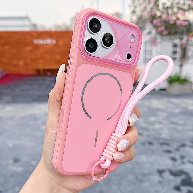 For iPhone 17 Pro Mecha Style Change to 17 Magnetic Phone Case with Wrist Strap(Pink)