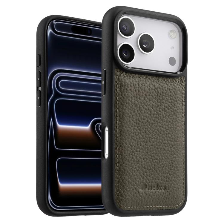 For iPhone 17 Pro melkco Litchi Texture Full Coverage Genuine Leather Hybrid PC Phone Case(Grey)