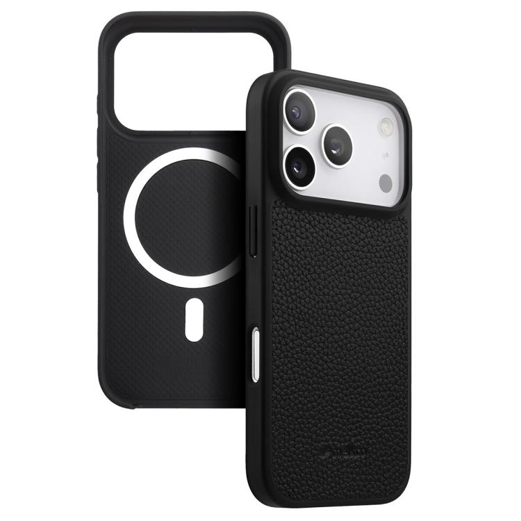 For iPhone 17 Pro melkco Litchi Texture Magnetic Full Coverage Genuine Leather Hybrid PC Phone Case(Black)