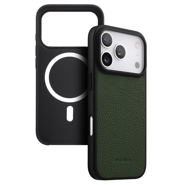 For iPhone 17 Pro melkco Litchi Texture Magnetic Full Coverage Genuine Leather Hybrid PC Phone Case(Dark Green)