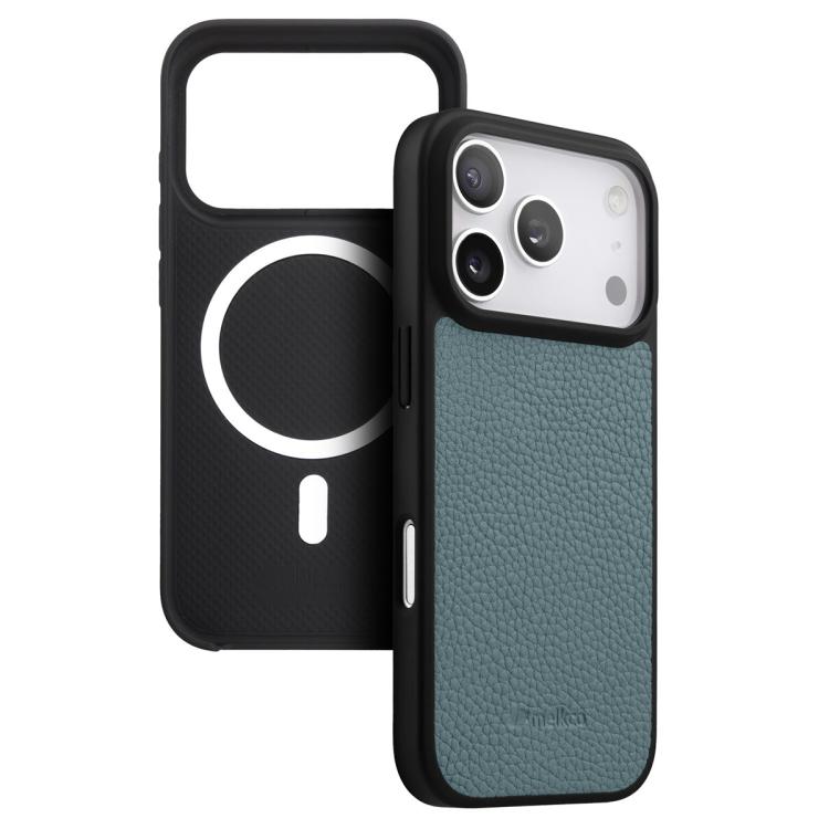 For iPhone 17 Pro melkco Litchi Texture Magnetic Full Coverage Genuine Leather Hybrid PC Phone Case(Light Blue)