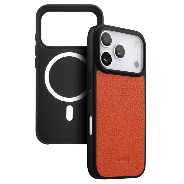 For iPhone 17 Pro melkco Litchi Texture Magnetic Full Coverage Genuine Leather Hybrid PC Phone Case(Orange)