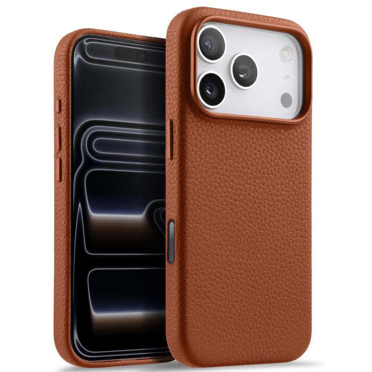 For iPhone 17 Pro melkco Litchi Texture Magnetic Full Coverage Genuine Leather Phone Case with AI Button(Brown)