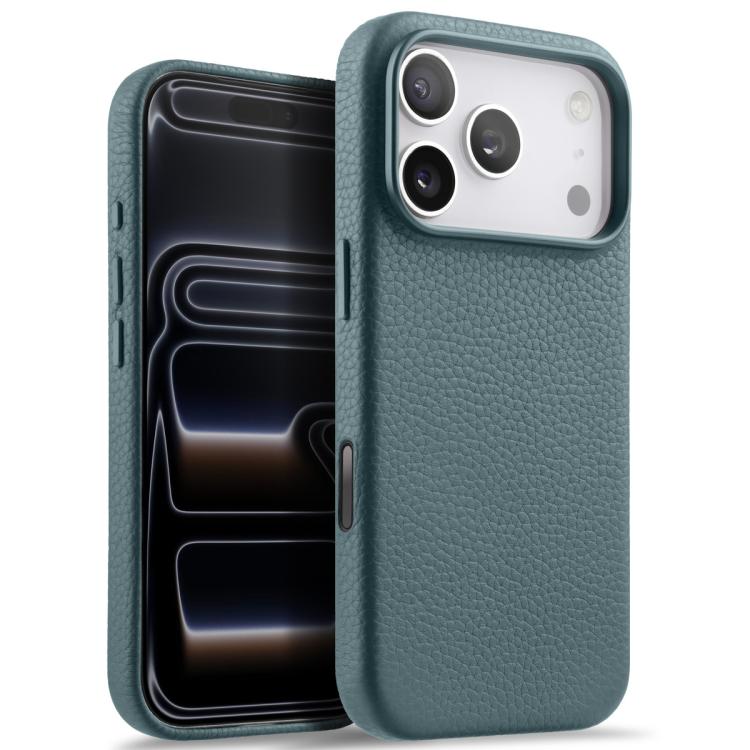 For iPhone 17 Pro melkco Litchi Texture Magnetic Full Coverage Genuine Leather Phone Case with AI Button(Light Blue)