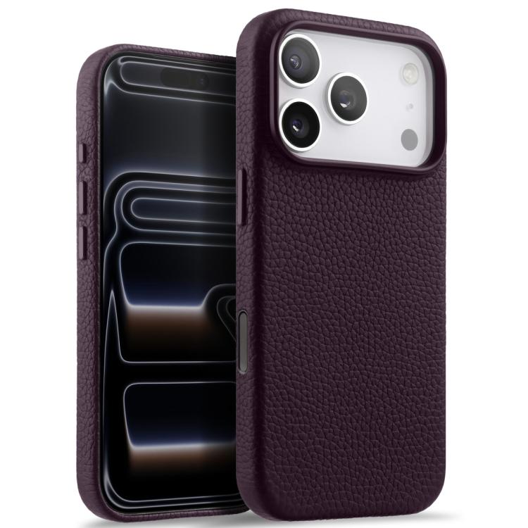 For iPhone 17 Pro melkco Litchi Texture Magnetic Full Coverage Genuine Leather Phone Case with AI Button(Purple)