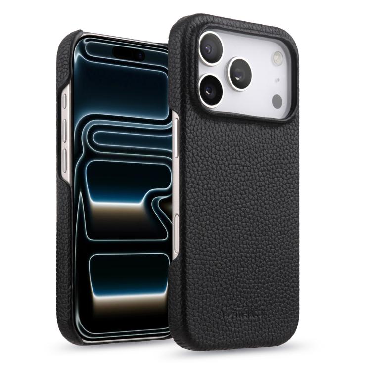 For iPhone 17 Pro melkco Litchi Texture Magnetic Half Coverage Genuine Leather Phone Case(Black)