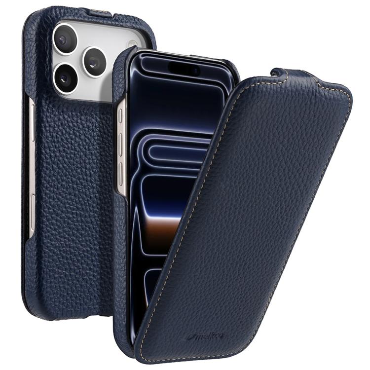 For iPhone 17 Pro melkco Litchi Texture Vertical Flip Magnetic Genuine Leather Phone Case(Dark Blue)
