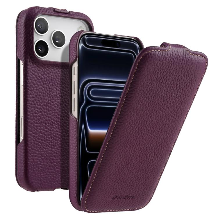 For iPhone 17 Pro melkco Litchi Texture Vertical Flip Magnetic Genuine Leather Phone Case(Purple)