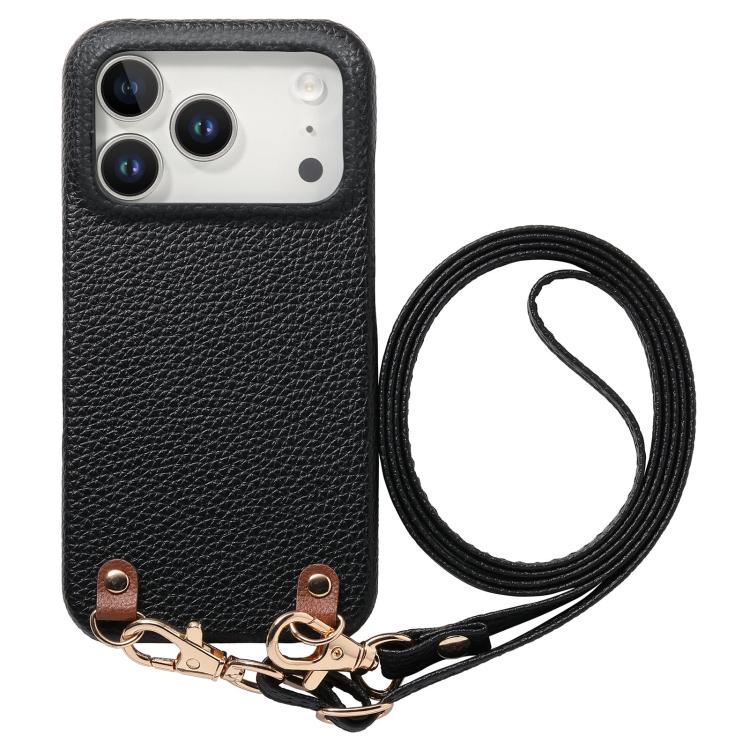 For iPhone 17 Pro Metal Buckle Crossbody Lanyard Litchi Texture PU Back Phone Case(Black)