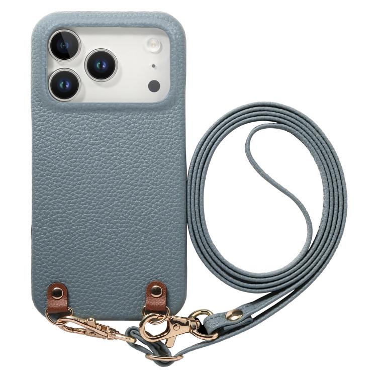 For iPhone 17 Pro Metal Buckle Crossbody Lanyard Litchi Texture PU Back Phone Case(Blue)