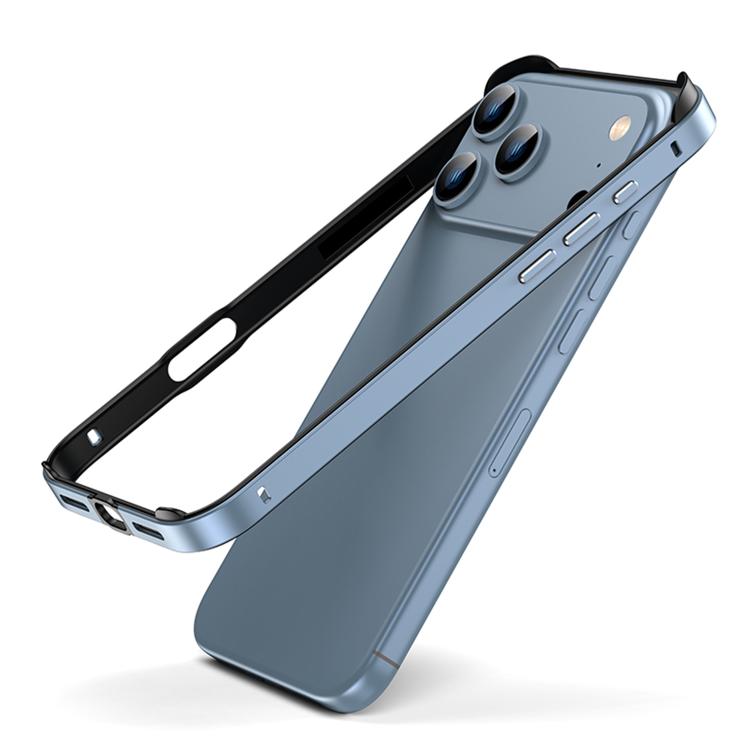 For iPhone 17 Pro Metal Hybrid Silicone Four-Corner Shockproof Cooling Phone Frame Case(Black vinyl + Peak Blue)