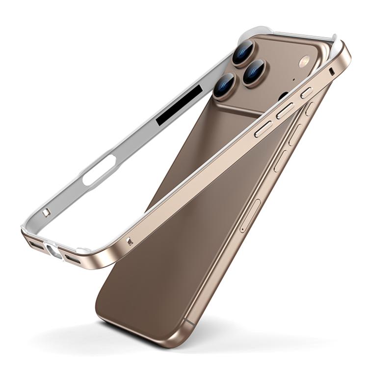For iPhone 17 Pro Metal Hybrid Silicone Four-Corner Shockproof Cooling Phone Frame Case(White vinyl + Desert Gold)