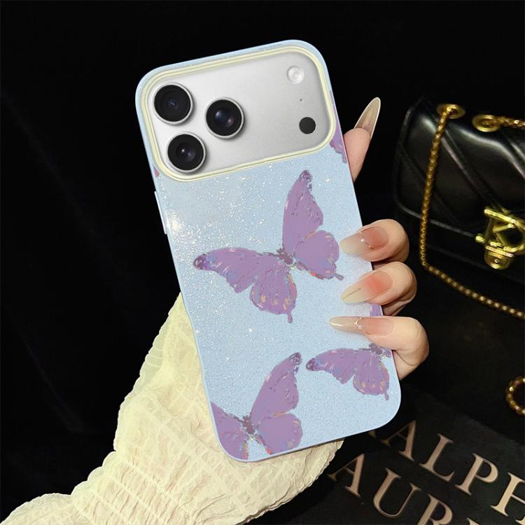 For iPhone 17 Pro Minimalist Purple Butterflies Pattern IMD Glitter PC Hybrid TPU Phone Case(Blue)