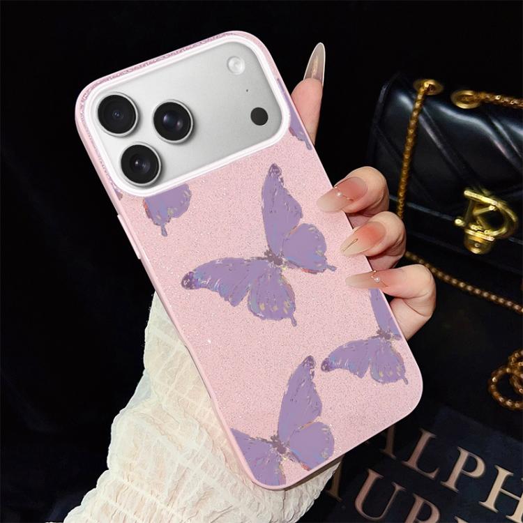 For iPhone 17 Pro Minimalist Purple Butterflies Pattern IMD Glitter PC Hybrid TPU Phone Case(Pink)