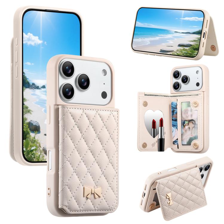 For iPhone 17 Pro Mirror Rhombic Texture Metal Bow-knot Vegan Leather Card Bag Phone Case(Beige)