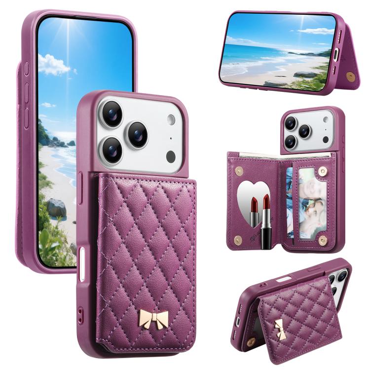 For iPhone 17 Pro Mirror Rhombic Texture Metal Bow-knot Vegan Leather Card Bag Phone Case(Purple)